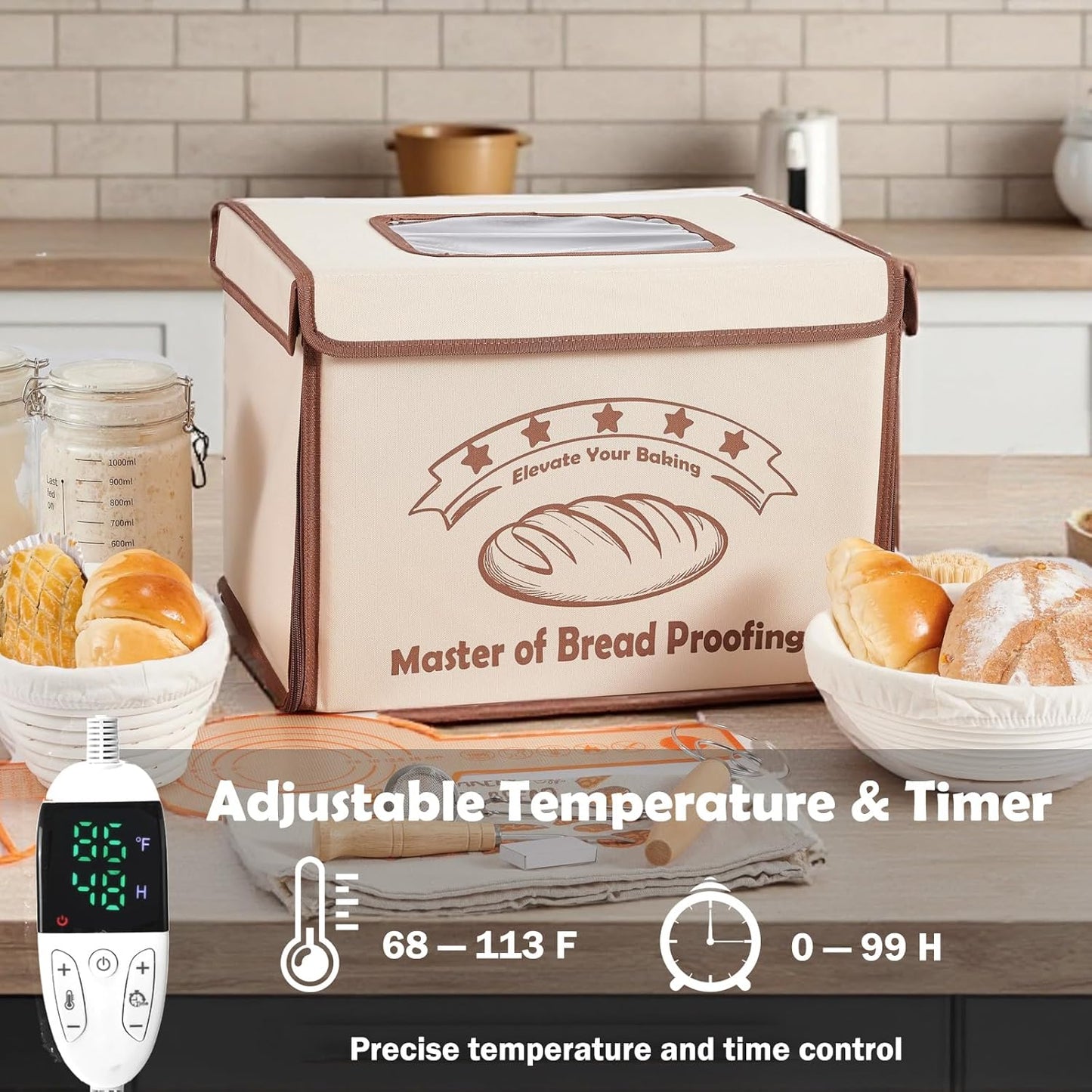 Bread Proofing Box with 68-113℉ Temp Control & 99H Timer - Folding Bread Proofer Sourdough Proofing Box with Metal Rack Warming Foldable Proofer for Dough, Baking, Pizza