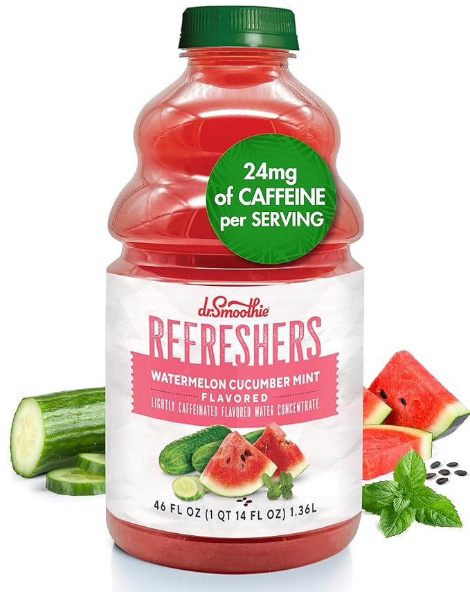 Dr. Smoothie Refreshers Watermelon Cucumber Mint – Made with Real Fruit Juice – Drink Concentrate, No Artificial Colors, Shelf-Stable – Lightly Caffeinated with Green Coffee Extract (46 oz Bottle)