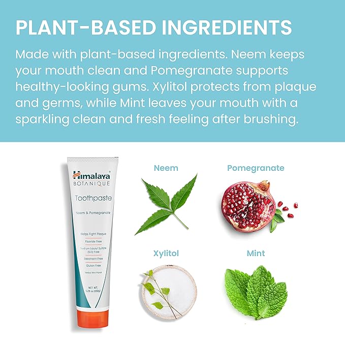Himalaya Botanique Neem & Pomegranate Toothpaste, Mint Flavor - Fluoride Free Toothpaste Fights Plaque & for Fresh Breath - Vegan, Gluten Free, No SLS, No Artificial Flavors or Colors, 5.29 oz