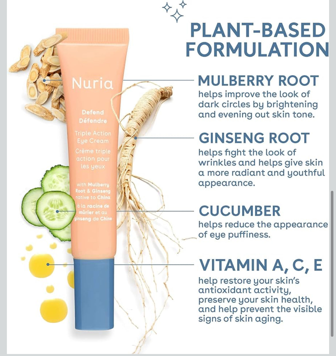 Nuria - Defend Triple Action Eye Cream for Dark Circles, Puffiness and Fine Lines, Nourishing Under Eye Cream with Ginseng and Mulberry Root, 15mL/0.5 fl oz