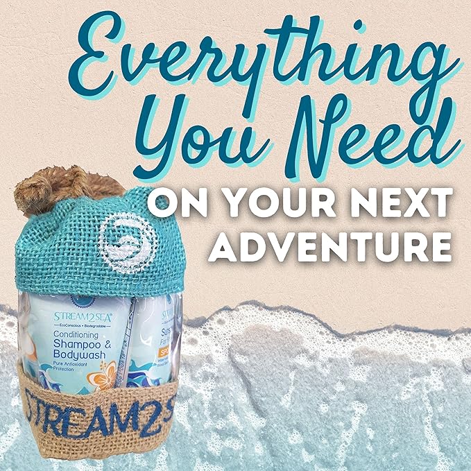 EcoConscious Travel Kit Body & Hair Care Gift Set | Shampoo & Body wash | Conditioner | SPF30, SPF20 and Mineral Sunscreen | SPF 30 Cucumber Mint and Hydrate Cherry Vanilla Lip Balm by Stream2Sea