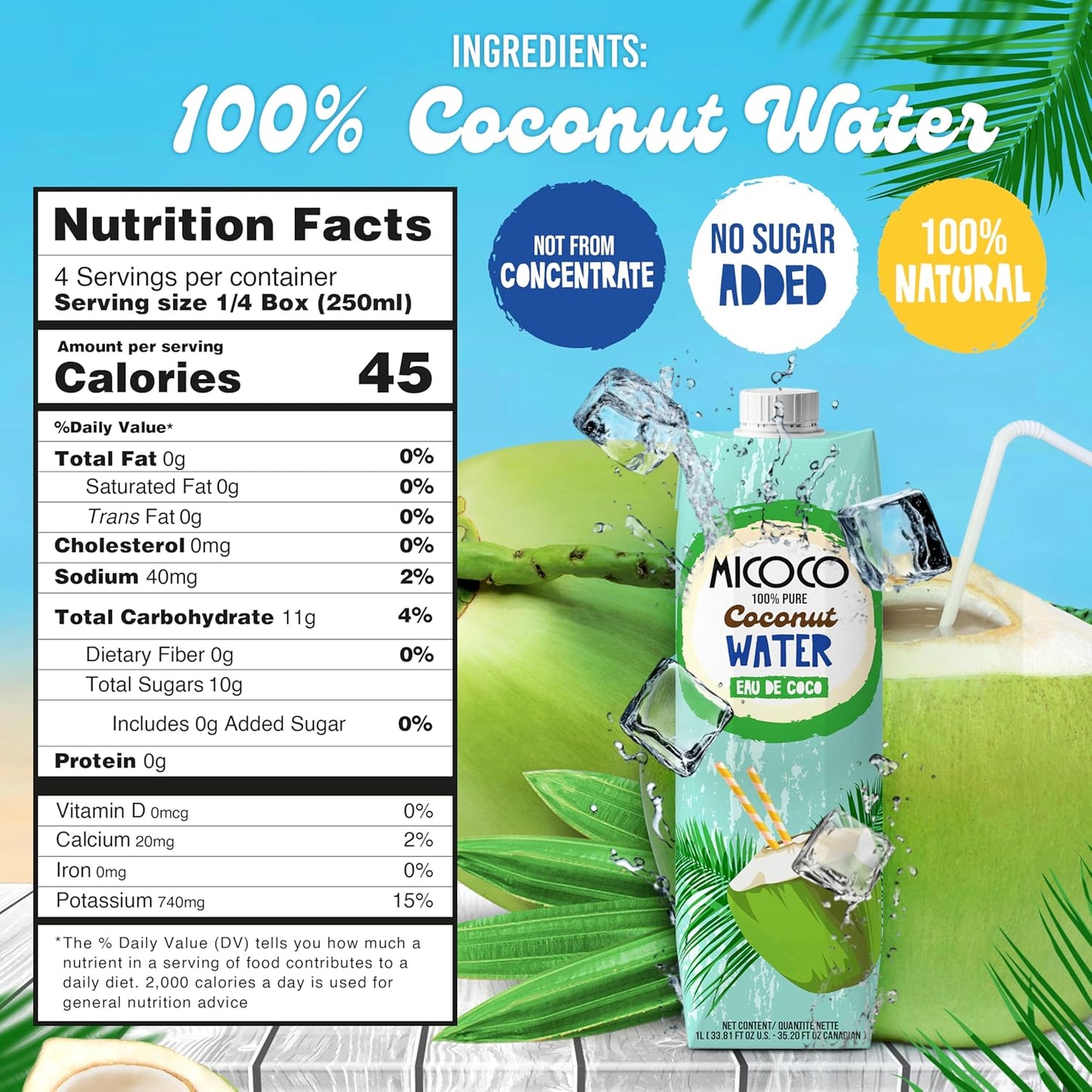 MICOCO Coconut Water, No Added Sugar, (1L) 33.8 Fl Oz (Pack of 12)