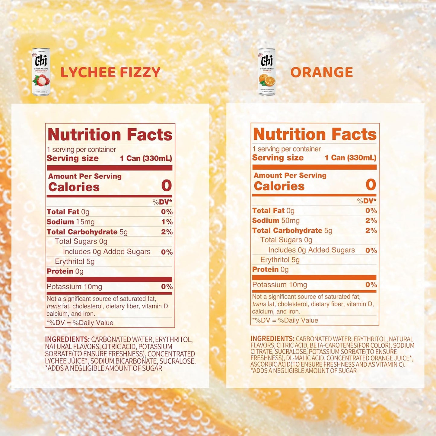 CHI FOREST Sparkling Water Beverage, Lychee & Orange drinks, Zero Sugar or Artificial Flavor, 11.16 fl oz Cans (Pack of 12)
