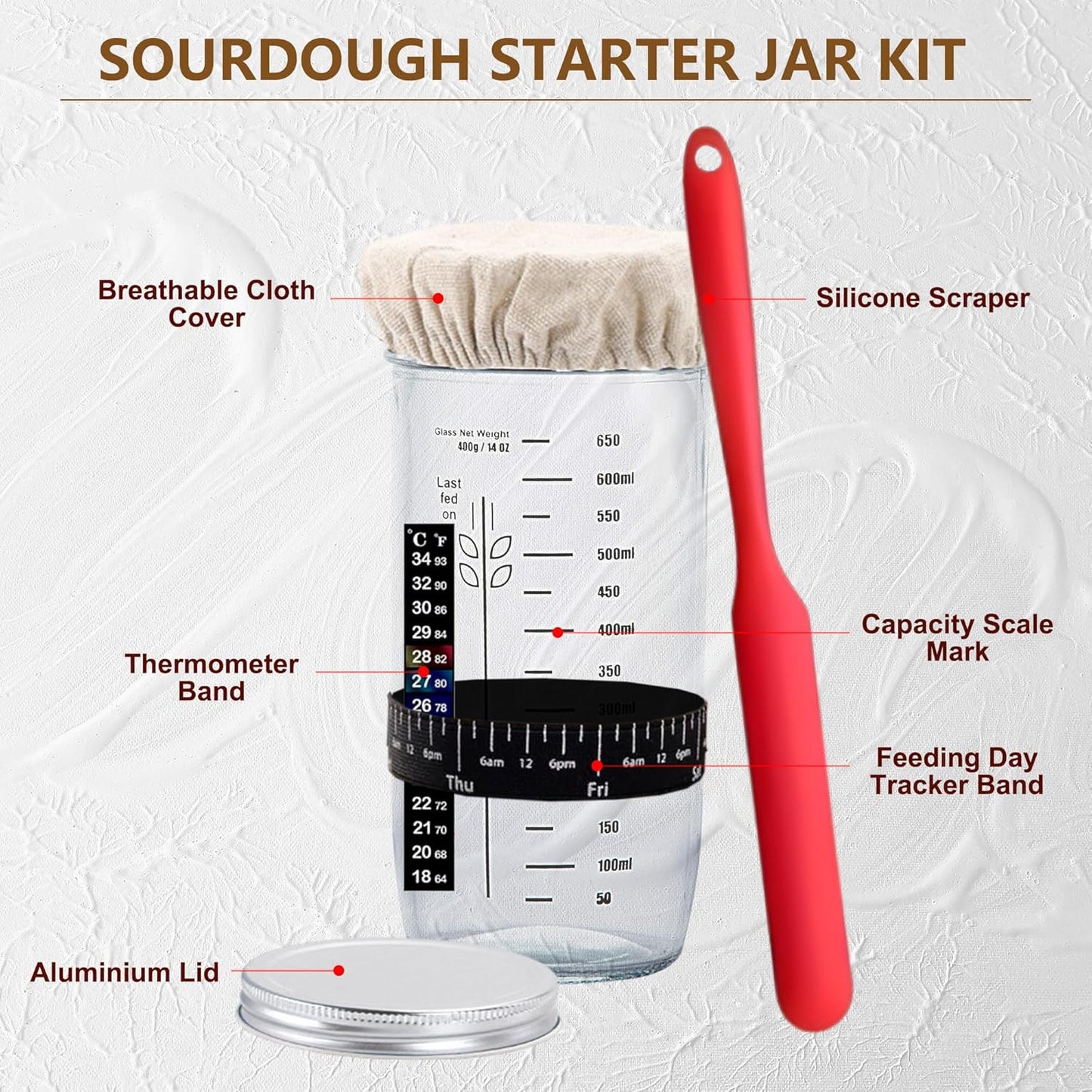 Complete Sourdough Starter Kit, Banneton Bread Proofing Basket with Glass Sourdough Starter Jar, Sourdough Bread Baking Supplies, 9'' Round Bread Proofing Basket, for Bread Making Baking Fermentation