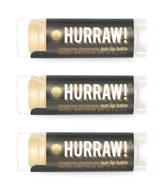 Hurraw! Sun Lip Balm (Zinc Oxide Protection, Broad Spectrum SPF 15, Tangerine, Chamomile), 3 Pack: Organic, Certified Vegan, Gluten Free. Non-GMO, All-Natural. Bee, Shea, Soy & Palm Free. Made in USA