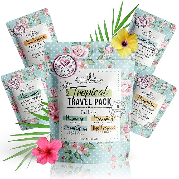 Bella & Bear Tropical Travel Pack, Self Care Kit, Includes Cruelty Free Shampoo, Conditioner, Body Scrub, Face Mask,1oz, Pack of 4