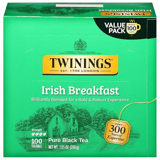 Twinings Irish Breakfast Black Tea Individually Wrapped Bags, 100 Count (Pack of 1), Flavourful, Bold, and Robust, Caffeinated, Enjoy Hot or Iced, 100 Teabags