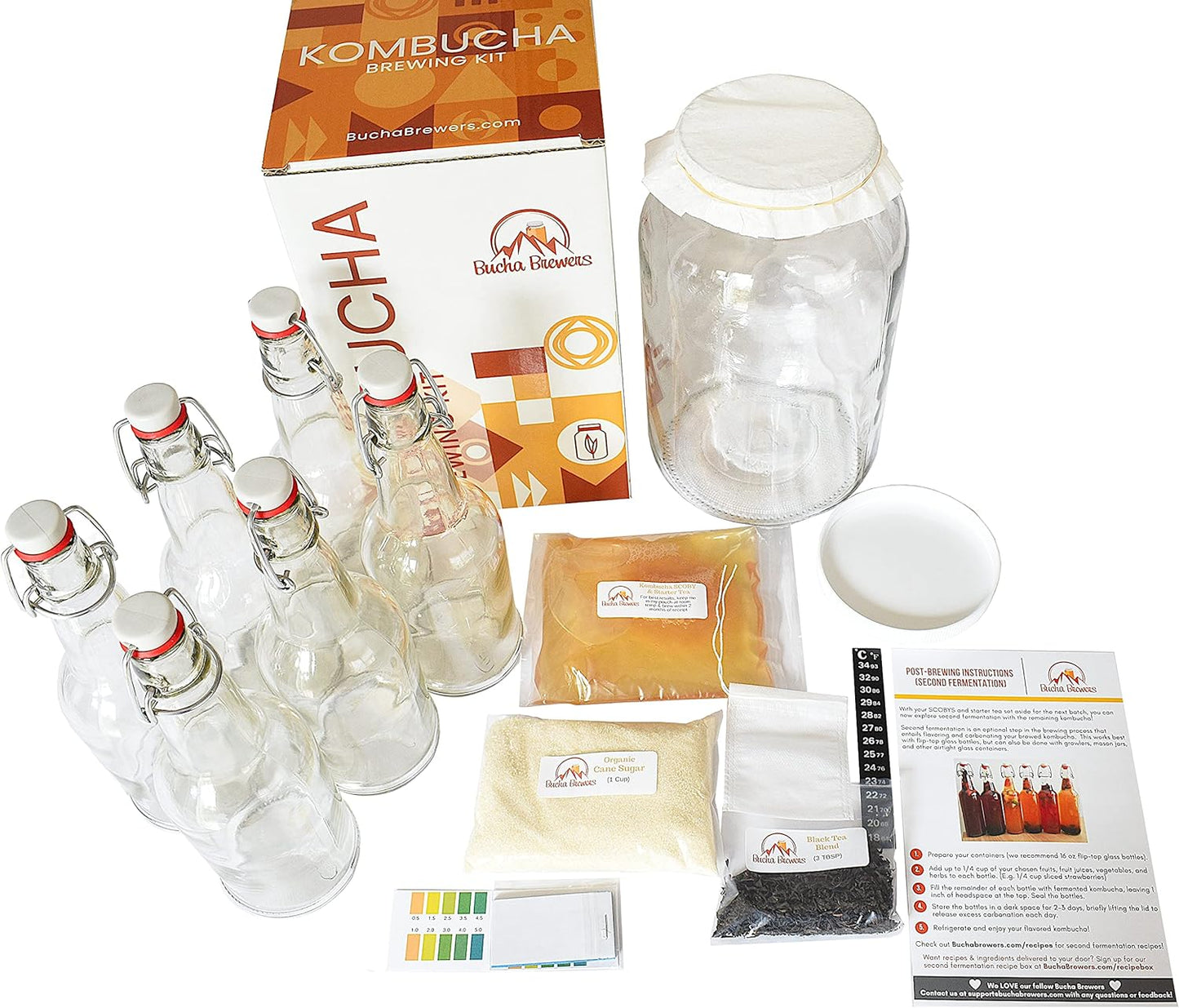 Deluxe Kombucha Starter Kit with Kombucha SCOBY & Starter Tea, Full Kombucha Kit with Bottles Swing Top Glass Bottles Kombucha Brewing Kit + 6 Bottles to Flavor Kombucha