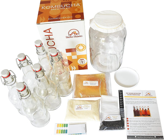 Deluxe Kombucha Starter Kit with Kombucha SCOBY & Starter Tea, Full Kombucha Kit with Bottles Swing Top Glass Bottles Kombucha Brewing Kit + 6 Bottles to Flavor Kombucha