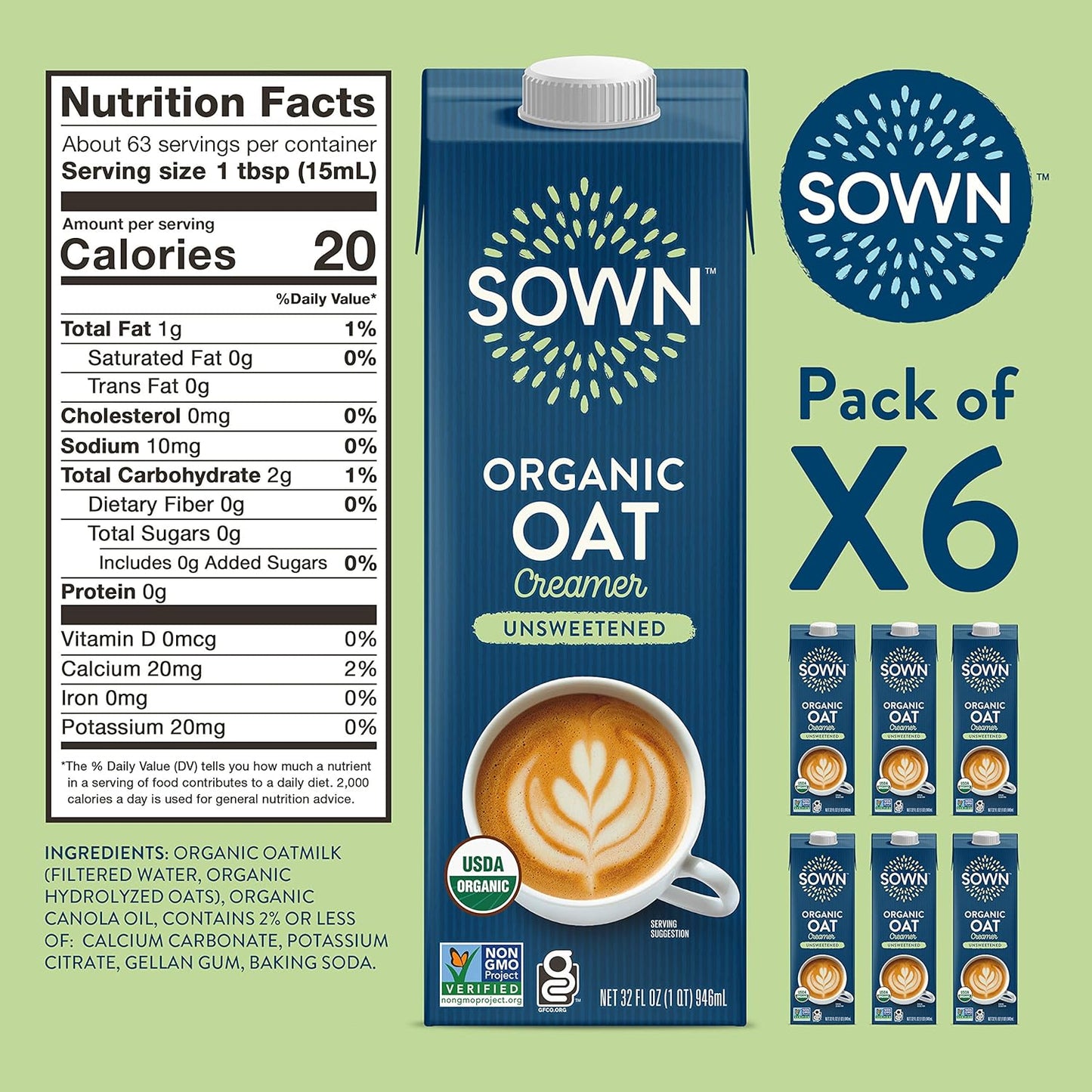 SOWN Organic Oat Creamer Unsweetened - Barista Oat Milk Non Dairy Coffee Creamer - Plant Based, Dairy-Free, Vegan, 0g Added Sugar, Gluten-Free, Non-GMO, Shelf Stable - 32oz (Pack of 6)