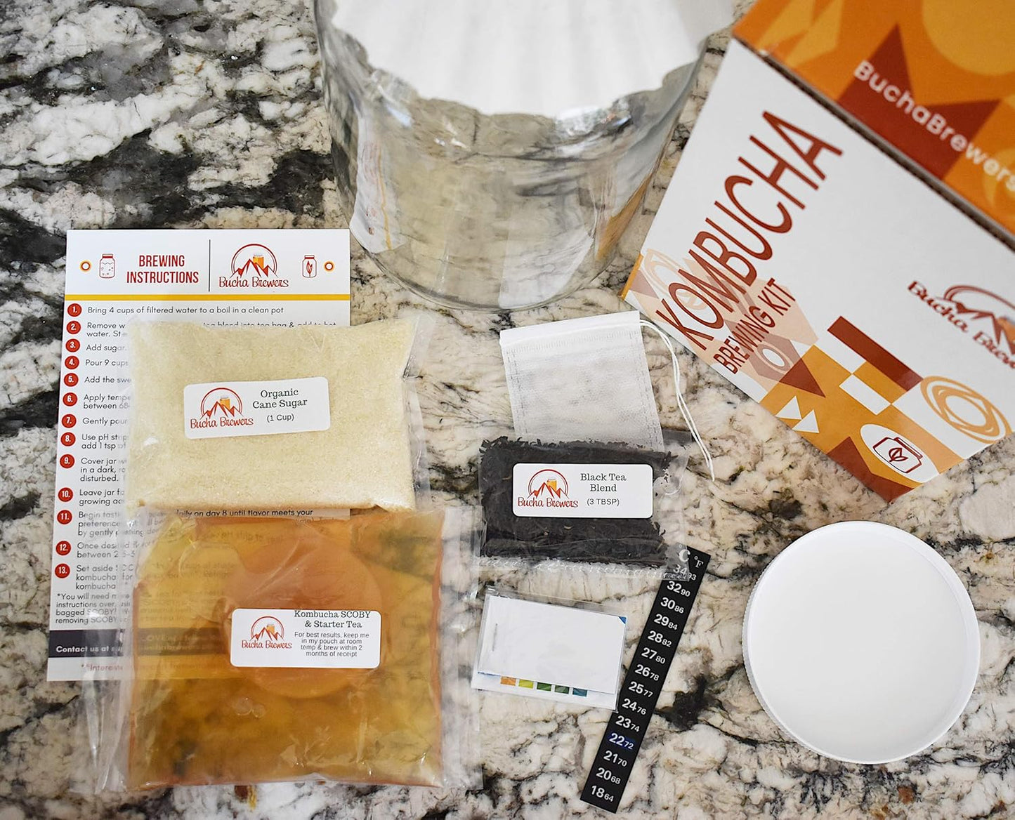 Deluxe Kombucha Starter Kit with Kombucha SCOBY & Starter Tea, Full Kombucha Kit with Bottles Swing Top Glass Bottles Kombucha Brewing Kit + 6 Bottles to Flavor Kombucha