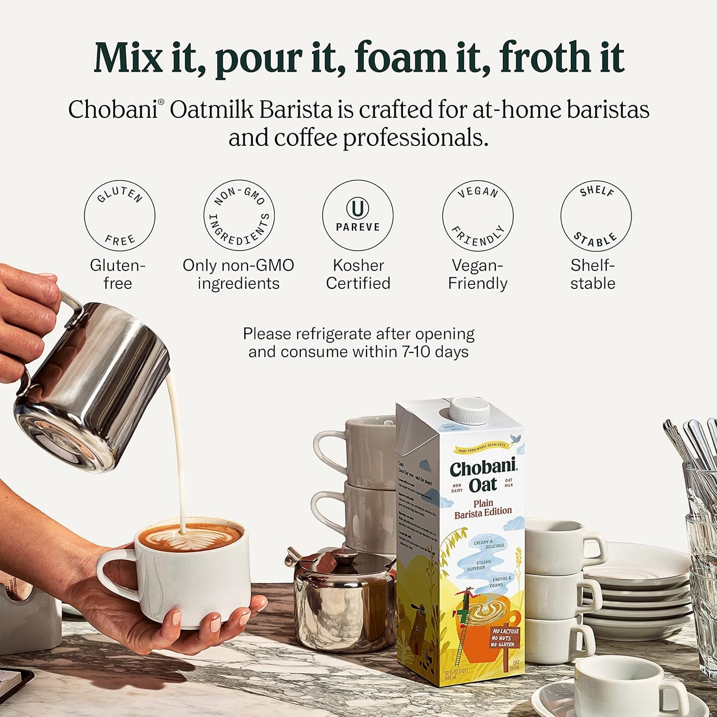 Chobani Oat Milk, Plain Oat Barista Edition, Shelf Stable Non Dairy Milk, Creamer, Vegan Friendly, Gluten-Free, 32 FL OZ (Pack-6)