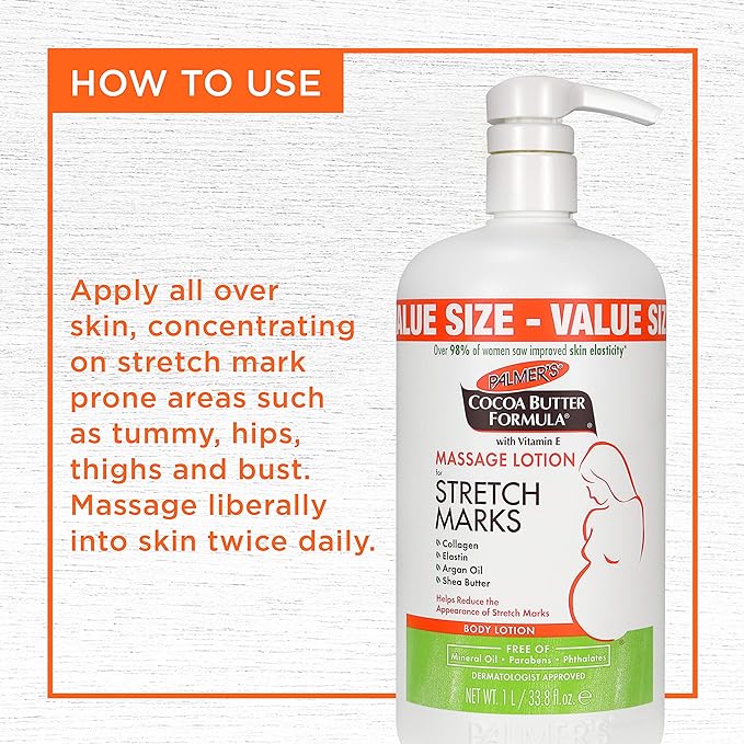 Palmer's Cocoa Butter Formula Massage Lotion For Stretch Marks, Pregnancy Skin Care, Belly Cream with Collagen, Elastin, Argan OIl and Shea Butter, 33.8 Ounces