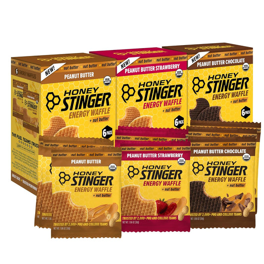 Honey Stinger Organic Peanut Butter Energy Waffle Variety Pack, 6 Pack Each of Peanut Butter, PB Chocolate and PB Strawberry, Nutritious Stroopwafel Snack for Exercise, Endurance and Performance
