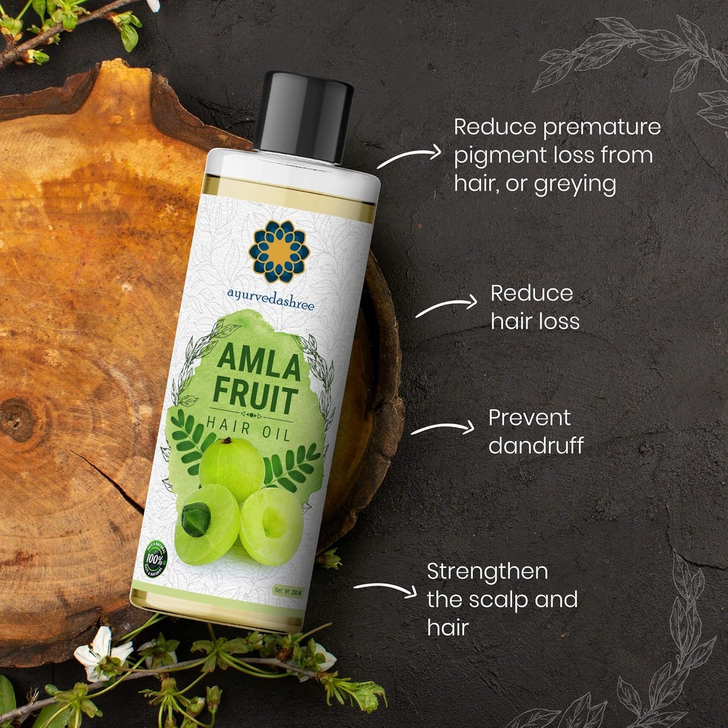 Amla Oil for Hair Growth with Bhringraj, Brahmi, Tulsi, Almond, Argan, Moringa & Clove Oils - 6.76 fl oz