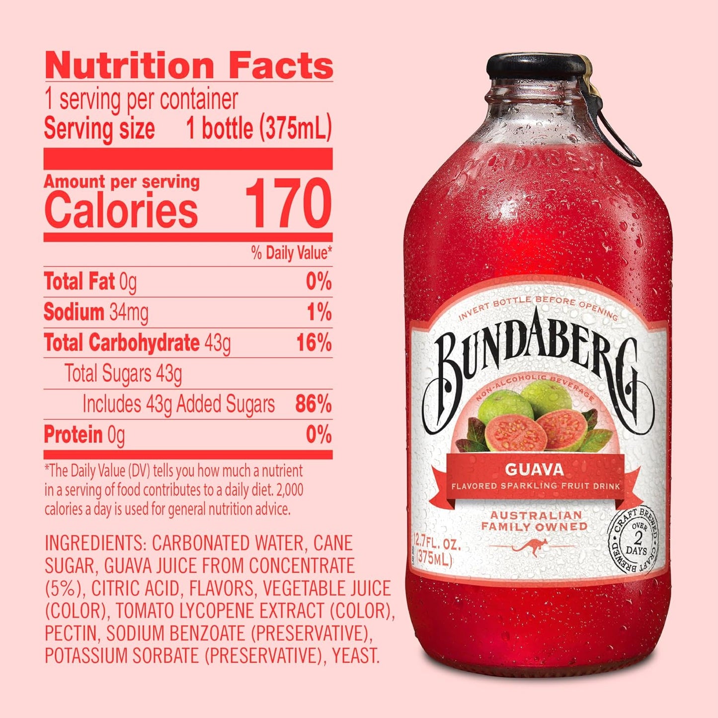 Bundaberg Sparkling Fruit Drink, Guava, 12.7 fl oz, 4 Count