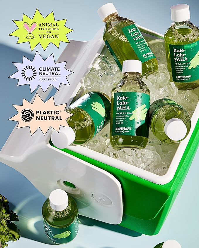 Krave Beauty Kale-Lalu-yAHA - Gentle 5.25% AHA Exfoliator with Glycolic Acid, Hyaluronic Acid, and Vitamin-Rich Kale for Texture, Discoloration, and Dead Skin Cells, Vegan and Cruelty-Free, 6.76 fl oz