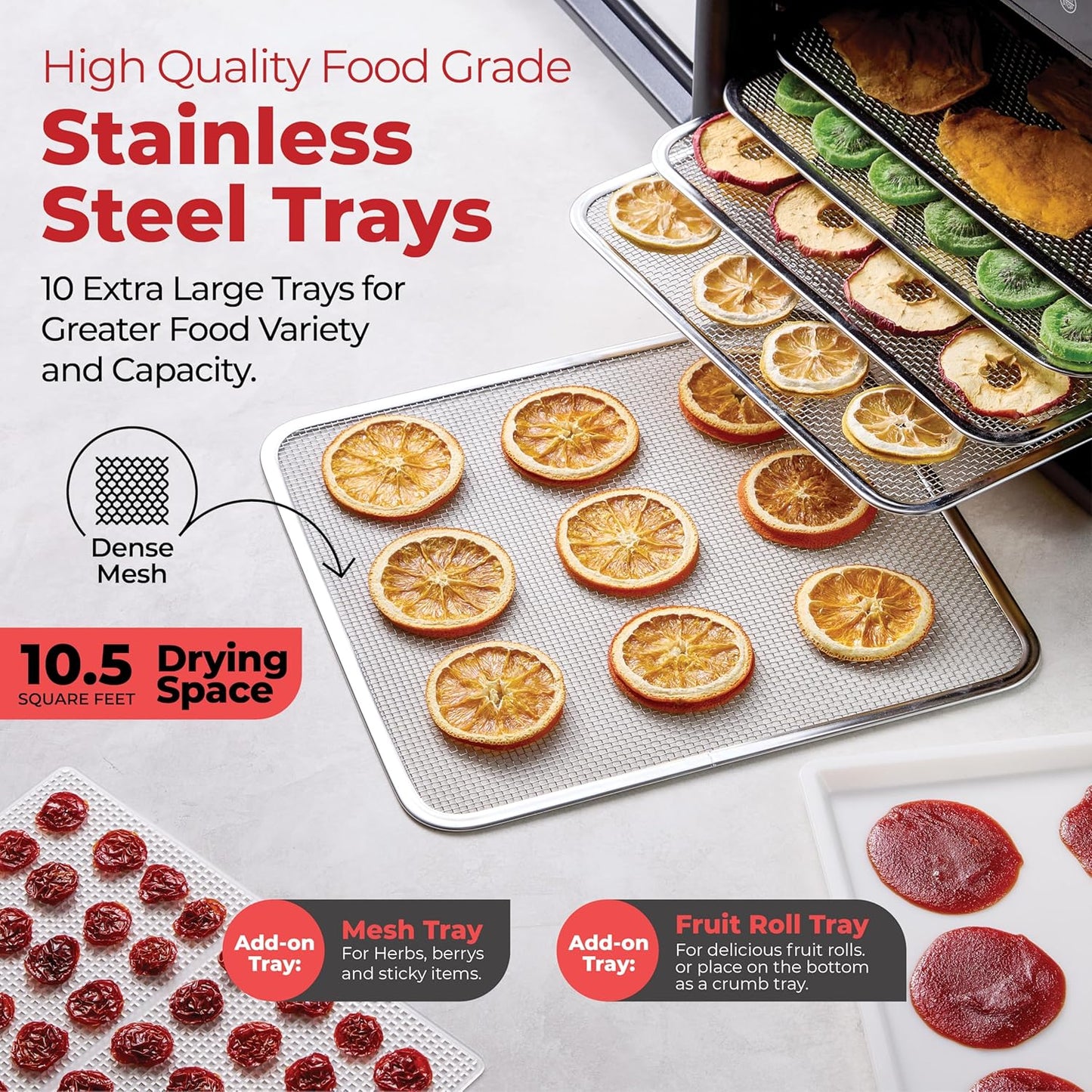 Magic Mill Premium Food Dehydrator Machine (10 Extra-Large Stainless Steel Trays) 700W Dryer for Beef Jerky, Fruits, Vegetables, Dog Treats, 48 Hour Digital Timer - 95°-167° Temperature Control