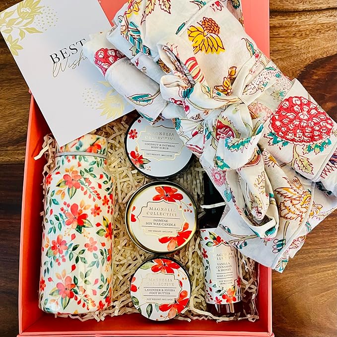 Spa Gift Set with Robe - 7 pc for New Mothers Postpartum Moms & Expecting- Luxurious Gift Set w Jasmine Candle Honey Lotion Coconut Oatmeal Body Scrub - All-Natural for Self-Care. Push present.