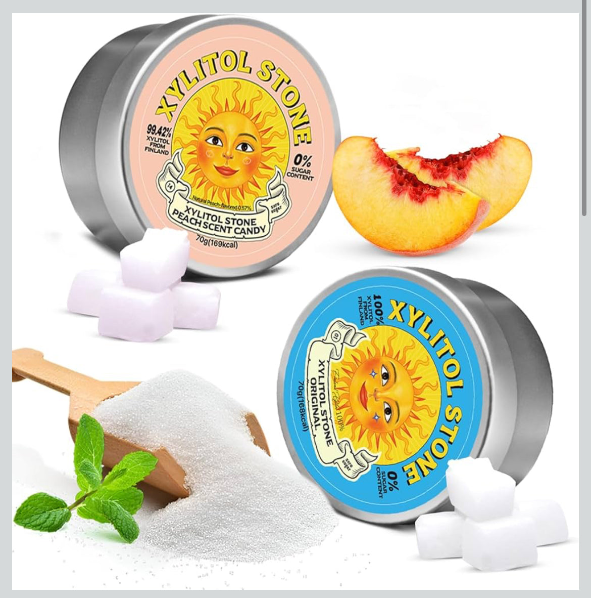 Xylitol Stone Sugar Free Candy - Vegan & Keto Friendly Unique Hard Candy - 100% Natural Flavor Candies - Gluten Free & Non-GMO Breath Freshener Low Calorie Mints - Pack of 2 (Original, Peach)