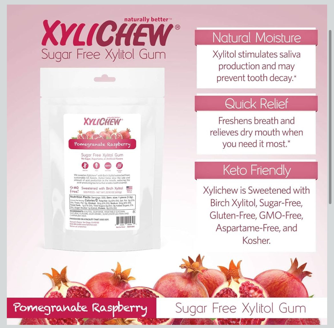 Xylichew 100% Xylitol Chewing Gum - Non GMO, Non Aspartame, Gluten Free, and Sugar Free Gum - Natural Oral Care, Relieves Bad Breath and Dry Mouth - Pomegranate Raspberry, 500 Count