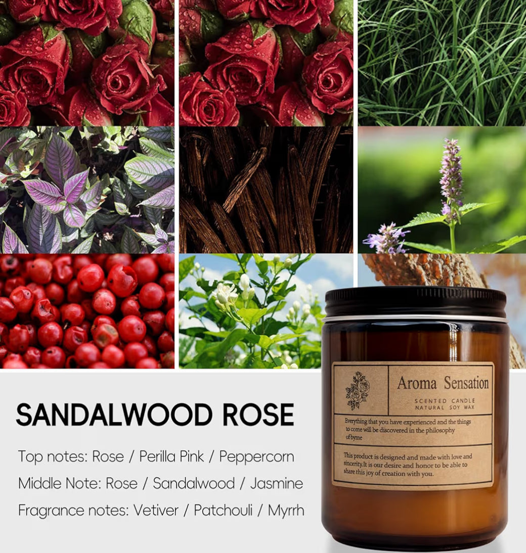 Organic Sandalwood Rose Candles - Non Toxic Soy Candles for Home, Stress Relief & Meditation (7oz)