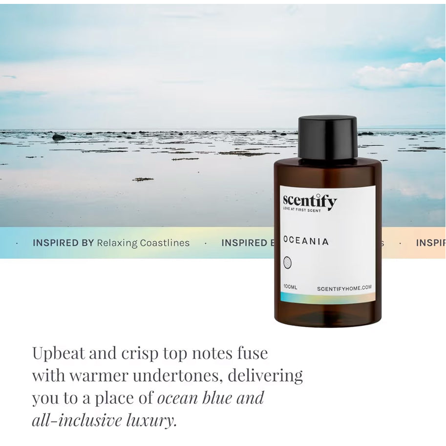 Scentify Oceania Luxurious Relaxing Aroma Oil Refill Scent for Oil Diffusers Aromatherapy Diffuser Fragrance
Orange, Apple, White Tea, Lavender Scents, 100ml, 3.38 oz