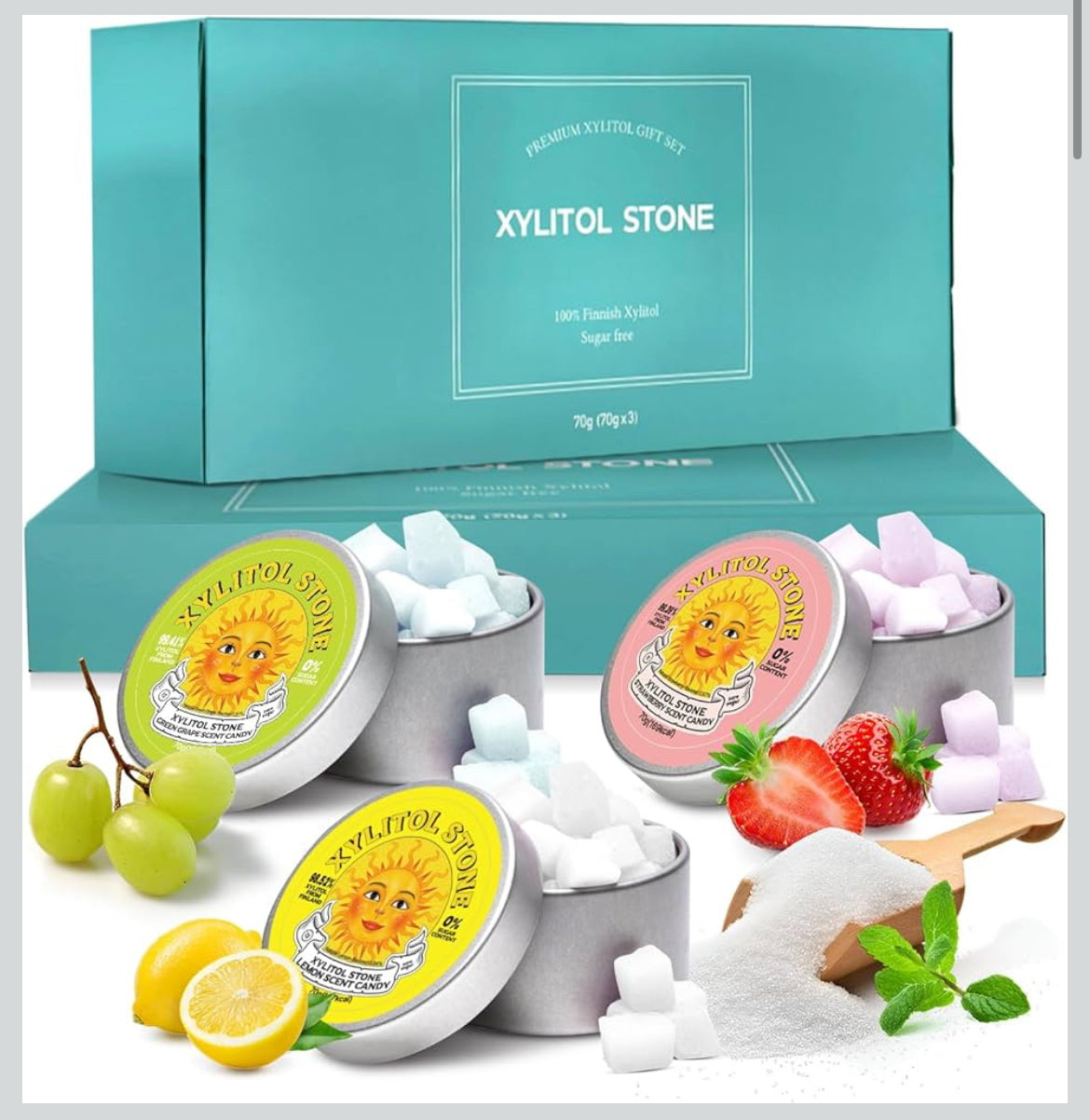 Xylitol Stone Sugar Free Candy - Vegan & Keto Friendly Unique Hard Candy - 100% Natural Flavor Candies - Gluten Free & Non-GMO Breath Freshener Mints - Pack of 3 (Strawberry, Green Grape, Lemon)