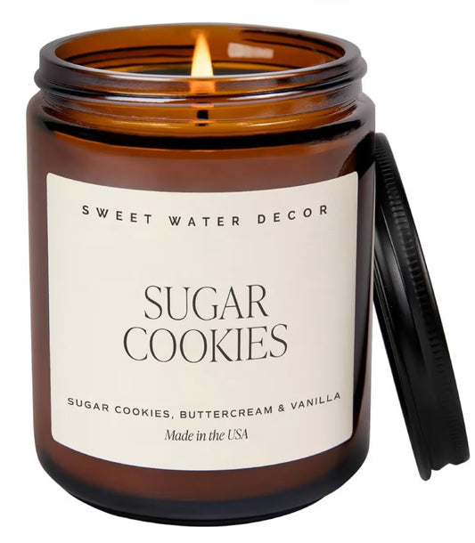 Sweet Water Decor Sugar Cookies Soy Candle - Buttercream Frosting, Vanilla, Sugar Cookie Scented for Home - Sweet Christmas Candle - 9oz Amber Jar + Black Lid, 40+ Hour Burn Time, Made in The USA