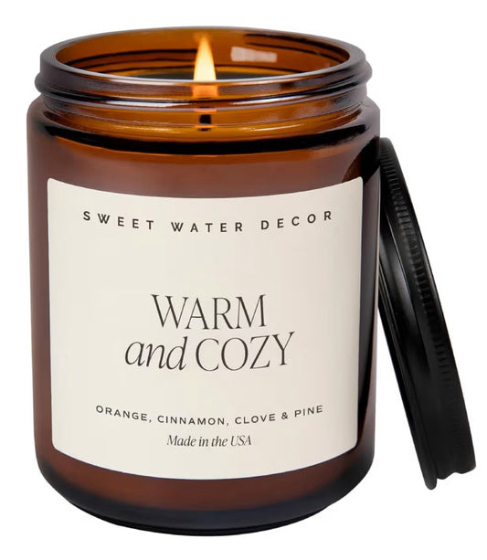 Sweet Water Decor Warm and Cozy Soy Candle - Orange Peel, Cinnamon, Ginger and Clove Scented Candles for Home - 9oz Amber Jar + Black Lid, 40+ Hour Burn Time, Made in The USA