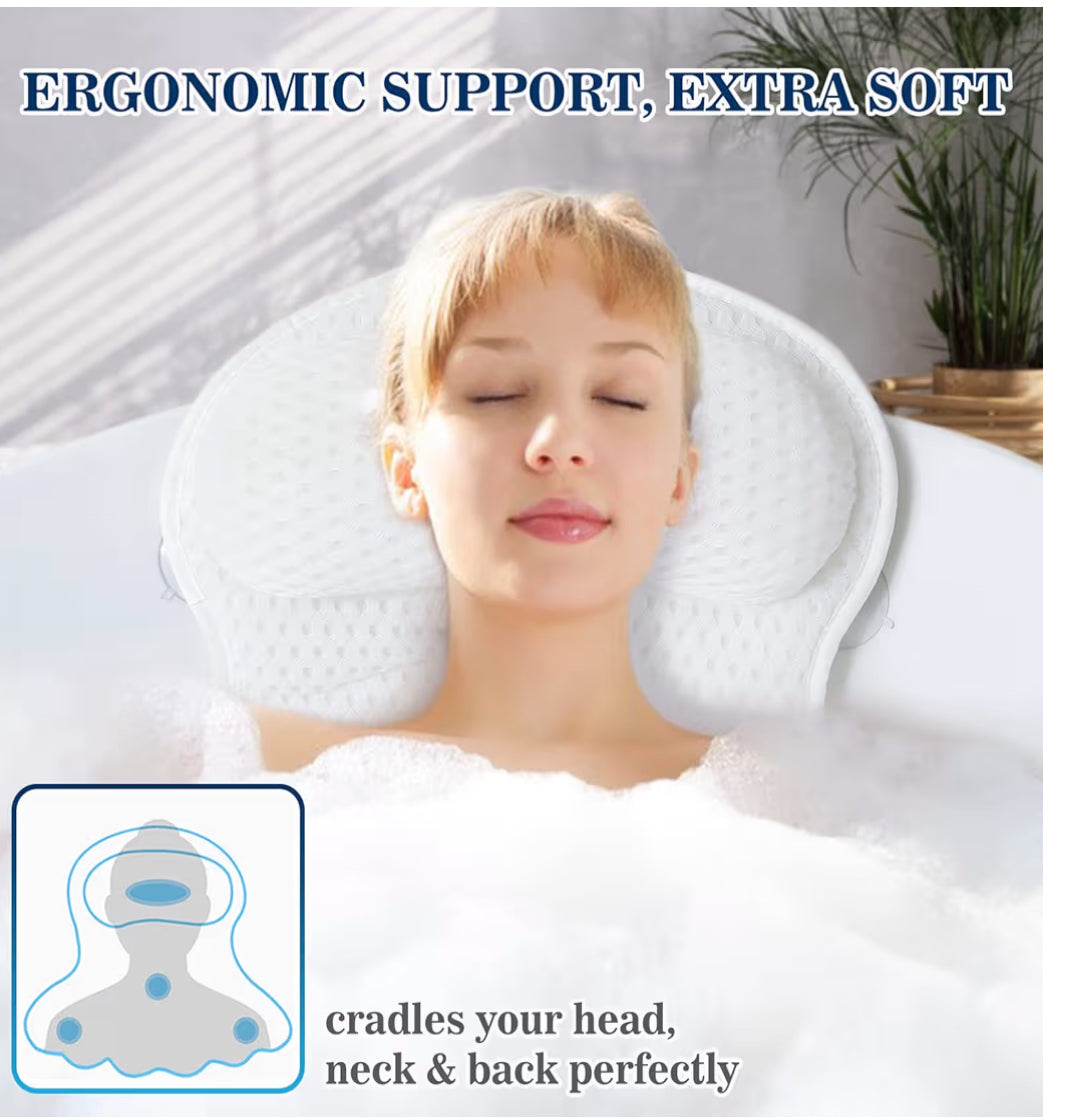 Bath Pillow Bathtub Pillow, Luxury Bath Pillows for Tub Neck and Back Support, Bath Tub Pillow Headrest with Soft 4D Mesh Fabric and Non-Slip Suction Cups, Relaxing Bath Accessories Spa Gifts