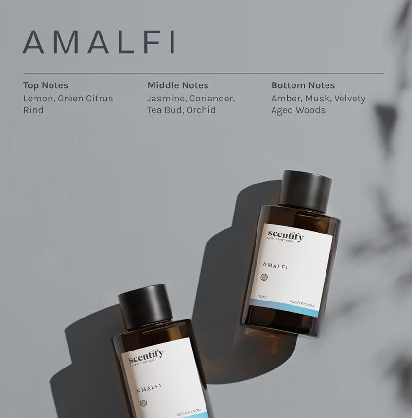 Scentify Amalfi Luxurious Relaxing Aroma Oil Refill - Aromatherapy Diffuser Fragrance Scent for Oil Diffusers
Lemon, Jasmine, Orchid, Amber, Musk Scents, 100ml, 3.38 oz