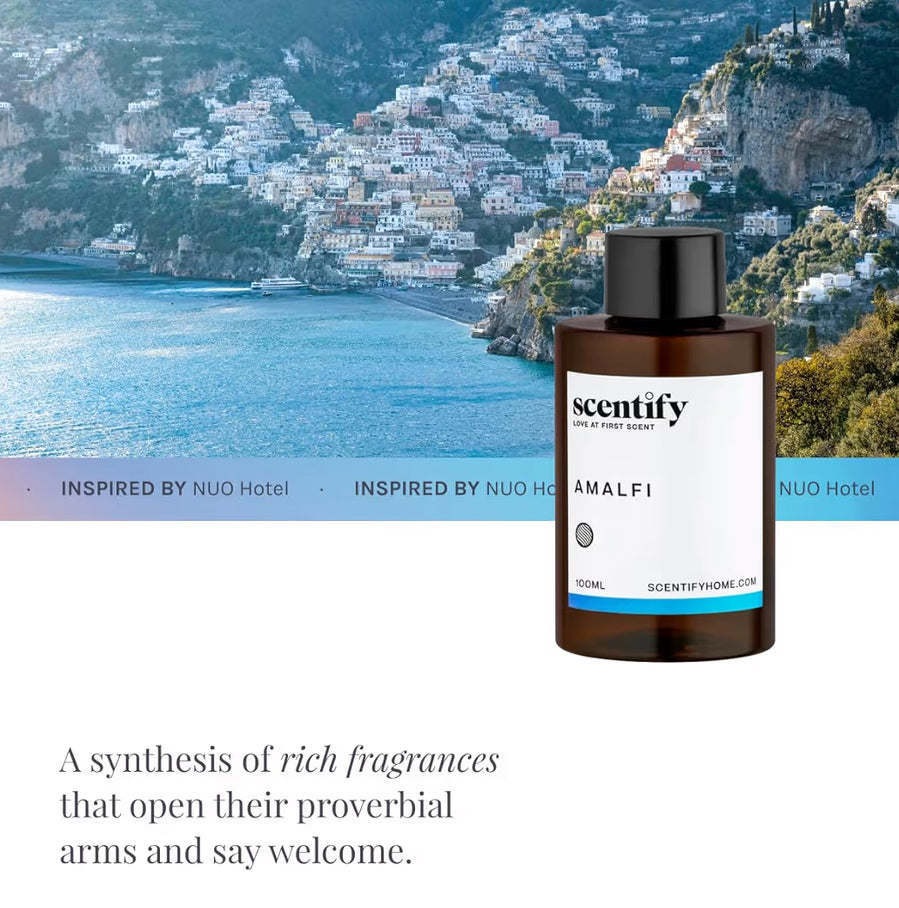 Scentify Amalfi Luxurious Relaxing Aroma Oil Refill - Aromatherapy Diffuser Fragrance Scent for Oil Diffusers
Lemon, Jasmine, Orchid, Amber, Musk Scents, 100ml, 3.38 oz