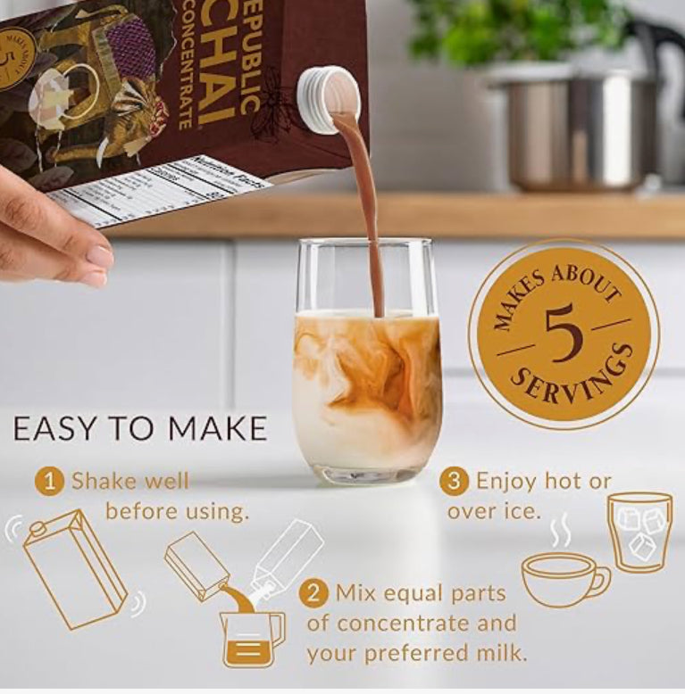 The Republic of Tea – Republic Chai Black Tea Concentrate, 6 Cartons – 32 fl oz (5 Servings), Chai Latte Mix, Naturally Caffeinated, Gluten Free