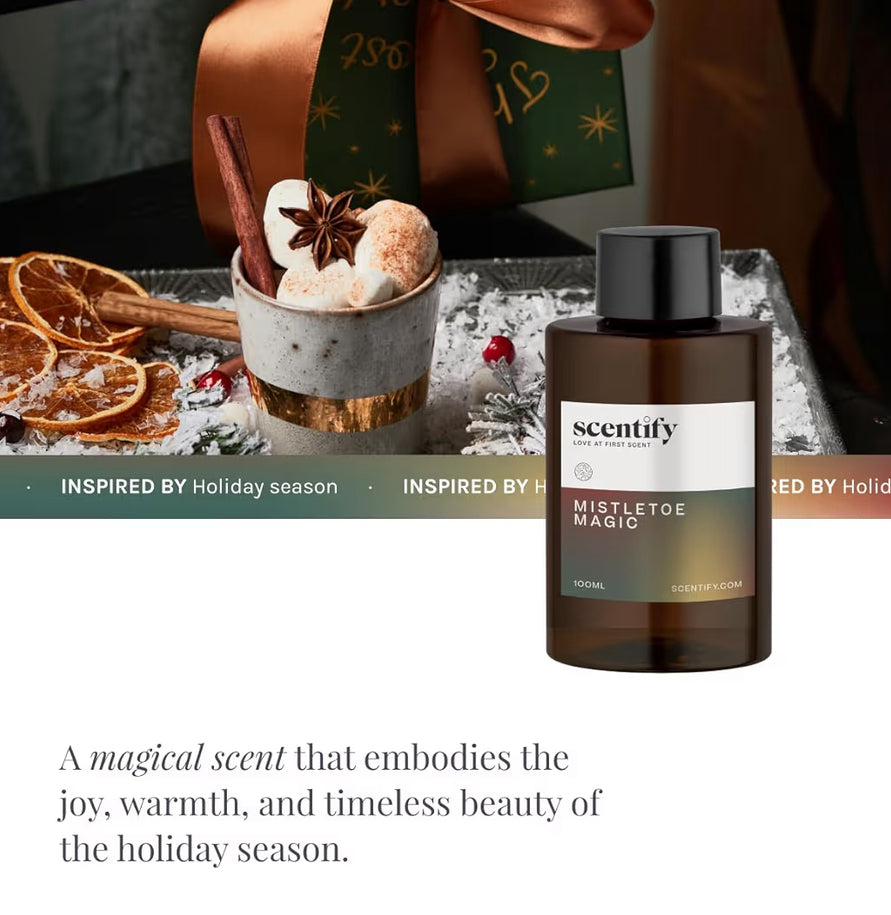 Scentify Holiday Mistletoe Magic Luxurious Relaxing Aromatherapy Fragrance Aroma Oil
Christmas, Refill Scent, for Oil Diffusers, Pine, Oak, Moss, Clove, Cedar, 100ml, 3.38oz