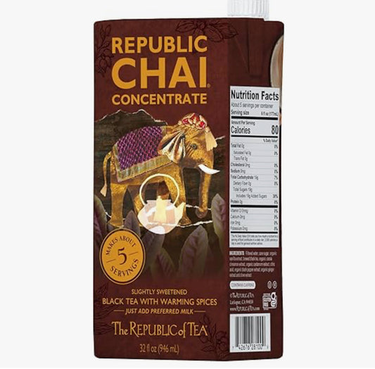 The Republic of Tea – Republic Chai Black Tea Concentrate, 6 Cartons – 32 fl oz (5 Servings), Chai Latte Mix, Naturally Caffeinated, Gluten Free
