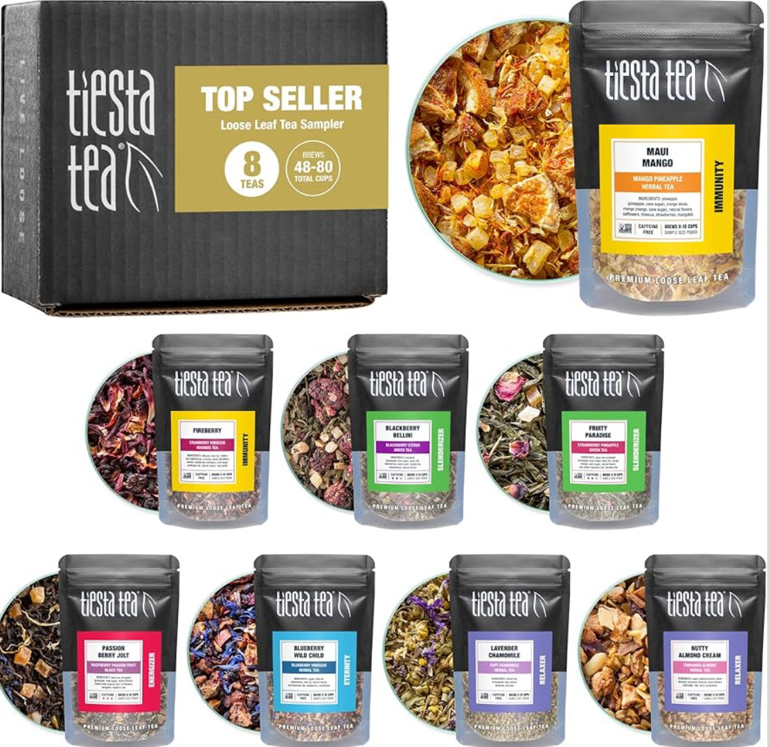 Tiesta Tea - Top 8 Favorites Sampler Set, Loose Leaf, Up to 80 Cups, High to No Caffeine, Hot & Iced, Tea Variety Pack with Green, Herbal, Black & Chai Brew, 8 Sample Pouches