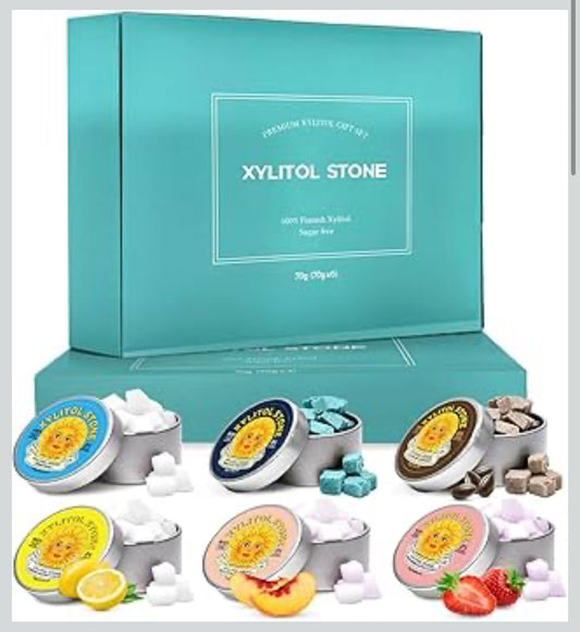 Xylitol Stone Sugar Free Candy - Vegan & Keto Friendly Unique Hard Candy - 100% Natural Flavor Candies - Gluten Free & Non-GMO Breath Freshener Mints - Pack of 6 (2 Strawberry, 2 Lemon, 2 Peach)