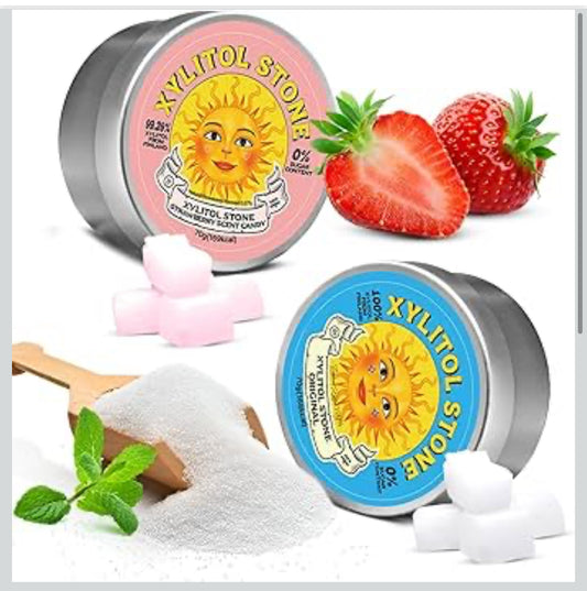 Xylitol Stone Sugar Free Candy - Vegan & Keto Friendly Unique Hard Candy - 100% Natural Flavor Candies - Gluten Free & Non-GMO Breath Freshener Low Calorie Mints - Pack of 2 (Original, Strawberry)