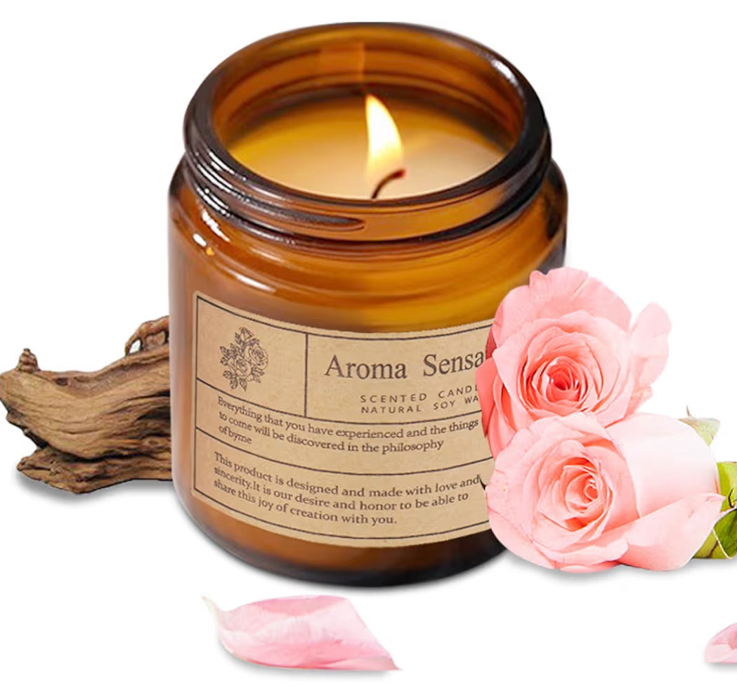 Organic Sandalwood Rose Candles - Non Toxic Soy Candles for Home, Stress Relief & Meditation (7oz)