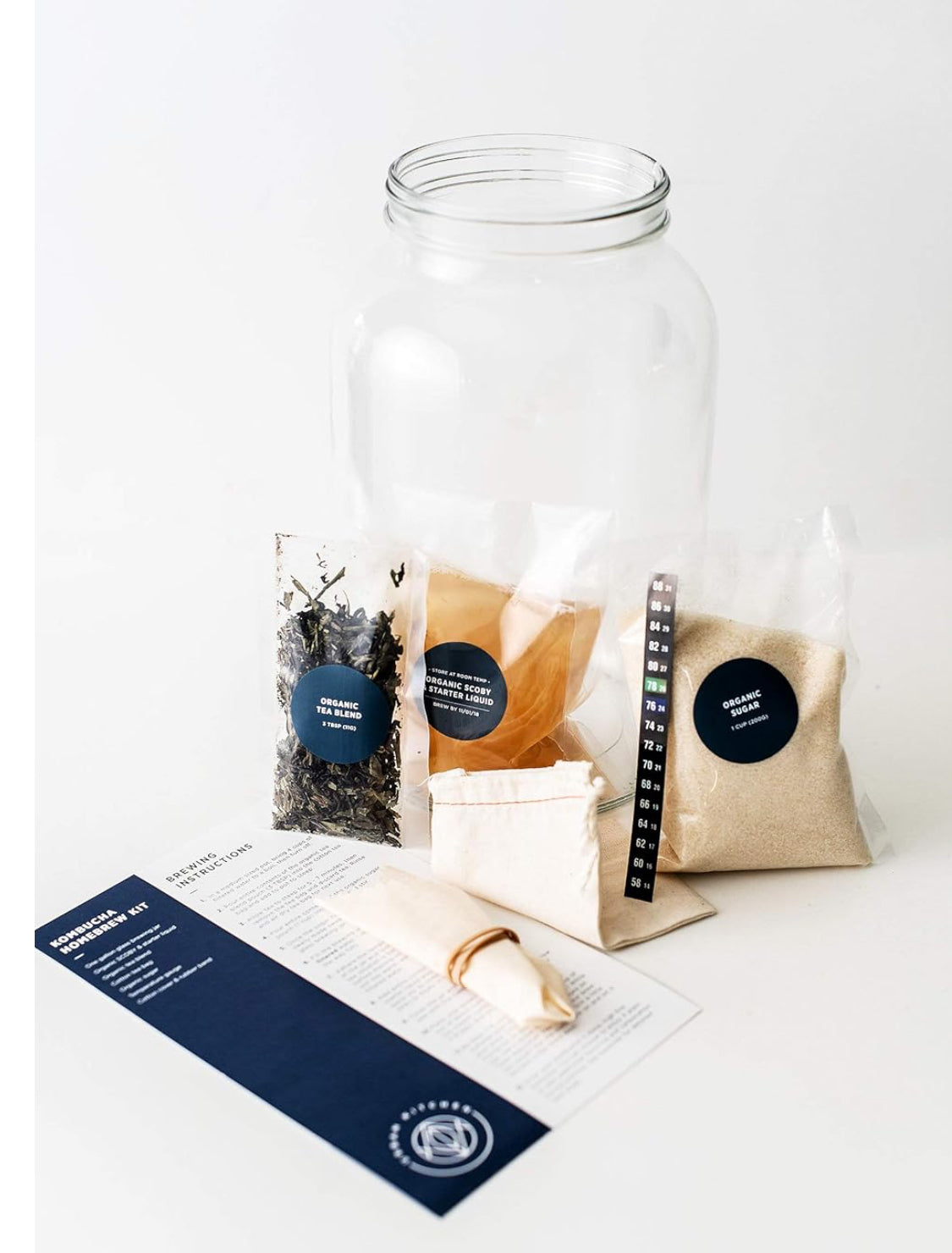 Kombucha Starter Kit – Includes Organic SCOBY, Starter Liquid, 1 Gallon Glass Jar, Temp Gauge, Tea, and Sugar