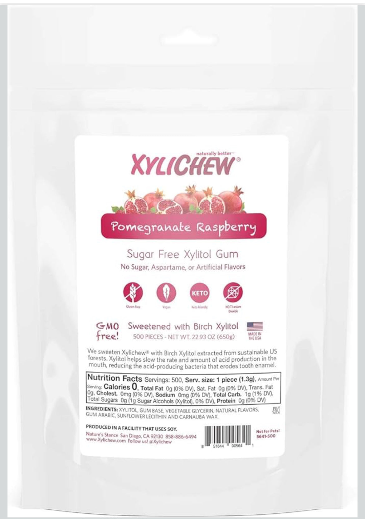 Xylichew 100% Xylitol Chewing Gum - Non GMO, Non Aspartame, Gluten Free, and Sugar Free Gum - Natural Oral Care, Relieves Bad Breath and Dry Mouth - Pomegranate Raspberry, 500 Count