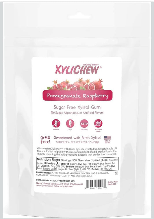 Xylichew 100% Xylitol Chewing Gum - Non GMO, Non Aspartame, Gluten Free, and Sugar Free Gum - Natural Oral Care, Relieves Bad Breath and Dry Mouth - Pomegranate Raspberry, 500 Count