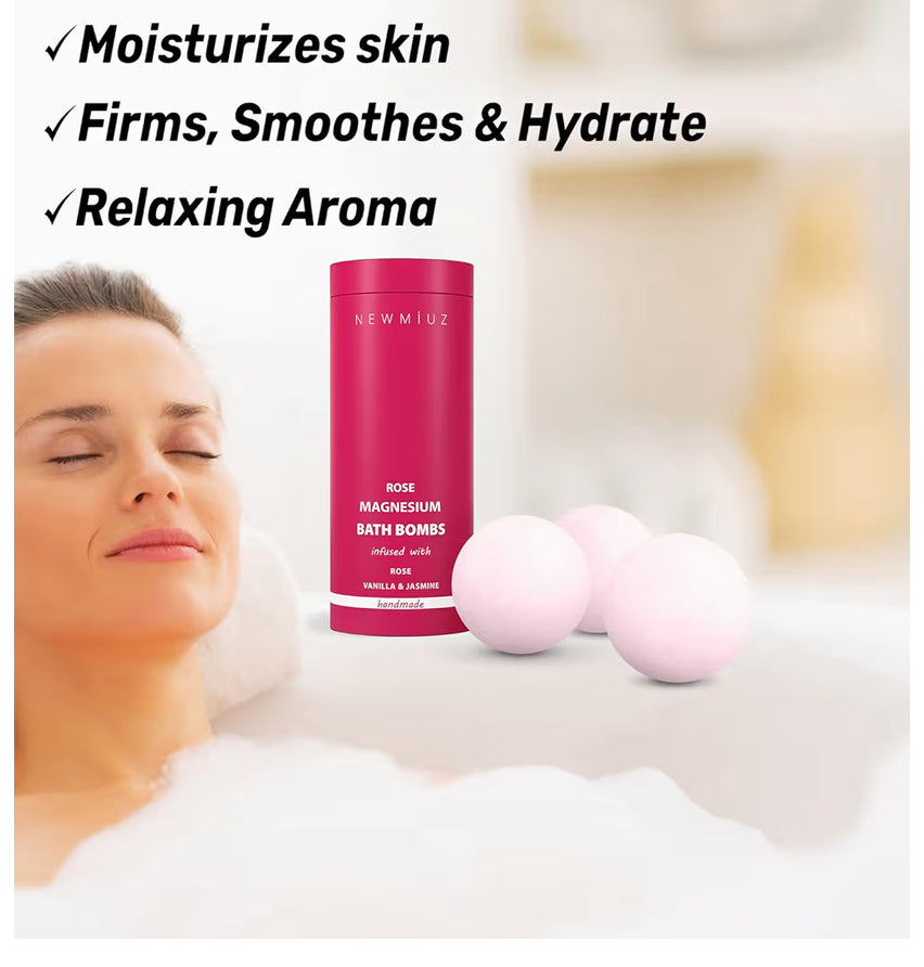 Magnesium Rose Vanilla Bath Bomb Mega Foaming Bubbles Infused with Vanilla Jasmine Luxurious Spa Bath Essentials Nourishing Dry Skin Stress Relief Bath Gift