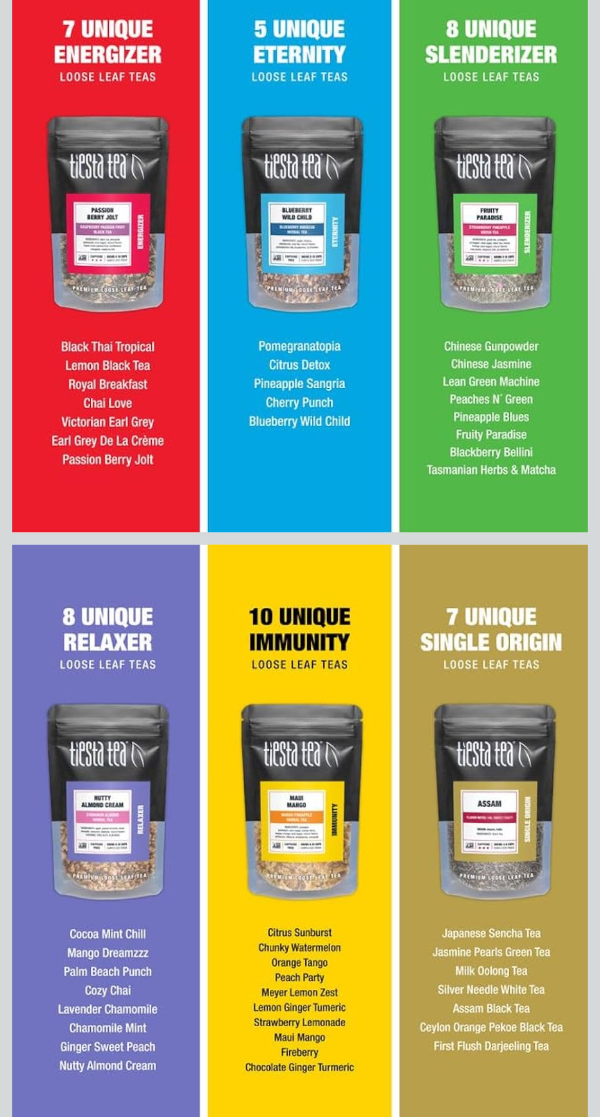 Tiesta Tea - Tiesta Tastings Sampler Dry Flight Set, Loose Leaf, High to No Caffeine, Makes Hot and Iced, Assorted Tea Sets with Herbal, Chai, Fruit Blend & More, 45 Resealable Sample Pouches