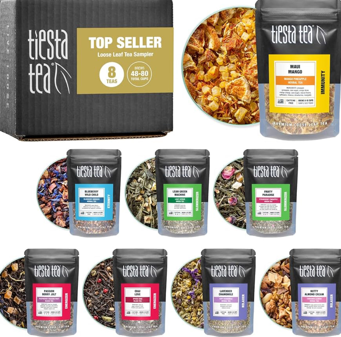 Tiesta Tea - Favorites Starter Sampler Dry Flight Set, Loose Leaf, High to No Caffeine, Makes Hot & Iced, Assorted Tea Sets with Herbal, Black, Fruit Blends & More, 8 Resealable Sample Pouches