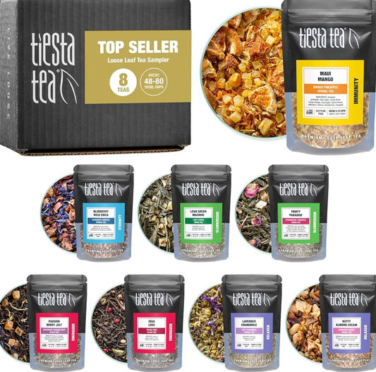Tiesta Tea - Favorites Starter Sampler Dry Flight Set, Loose Leaf, High to No Caffeine, Makes Hot & Iced, Assorted Tea Sets with Herbal, Black, Fruit Blends & More, 8 Resealable Sample Pouches