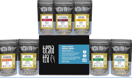 Tiesta Tea - Single Origin Tea Sampler Dry Flight Set, Loose Leaf, High to Low Caffeine, Makes Hot & Iced, Assorted Brew Sets with Green, White, Black & Oolong, 7 Resealable Sample Pouches