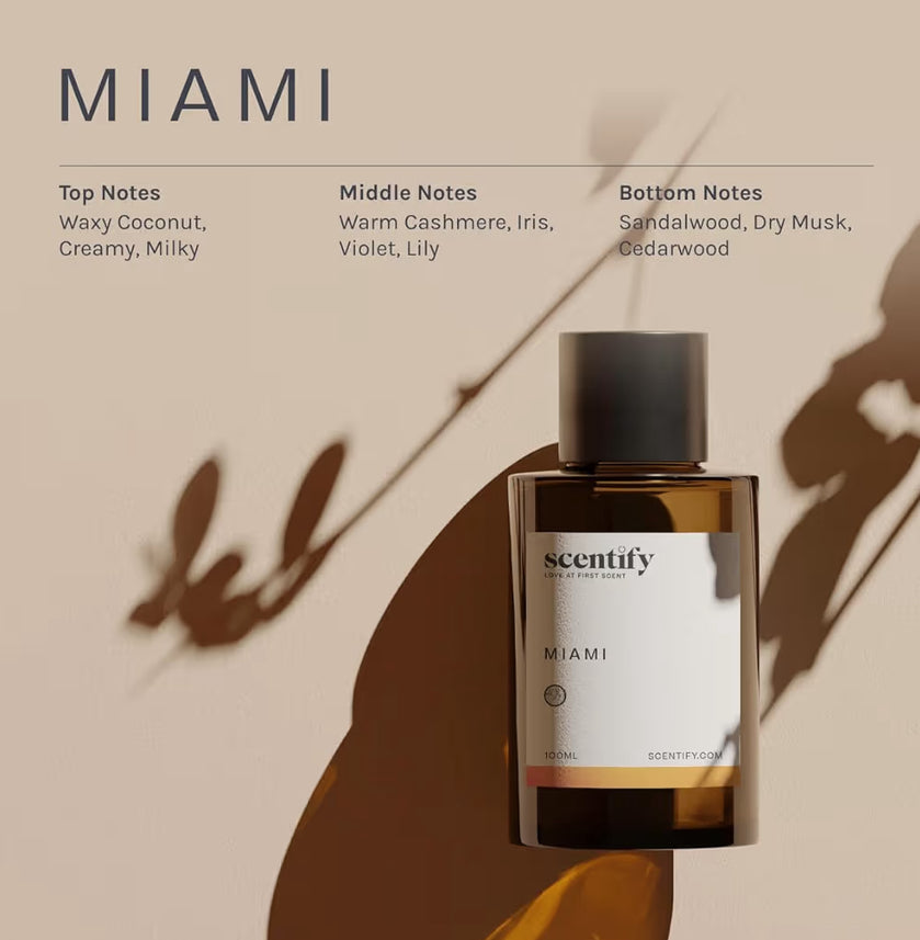 Scentify Miami Aroma Oil Refill Scent for Oil Diffusers - Creamy, Cashmere, Sandalwood, Musk Scents - Luxurious Relaxing Aromatherapy Diffuser Fragrance 100ml, 3.38 oz