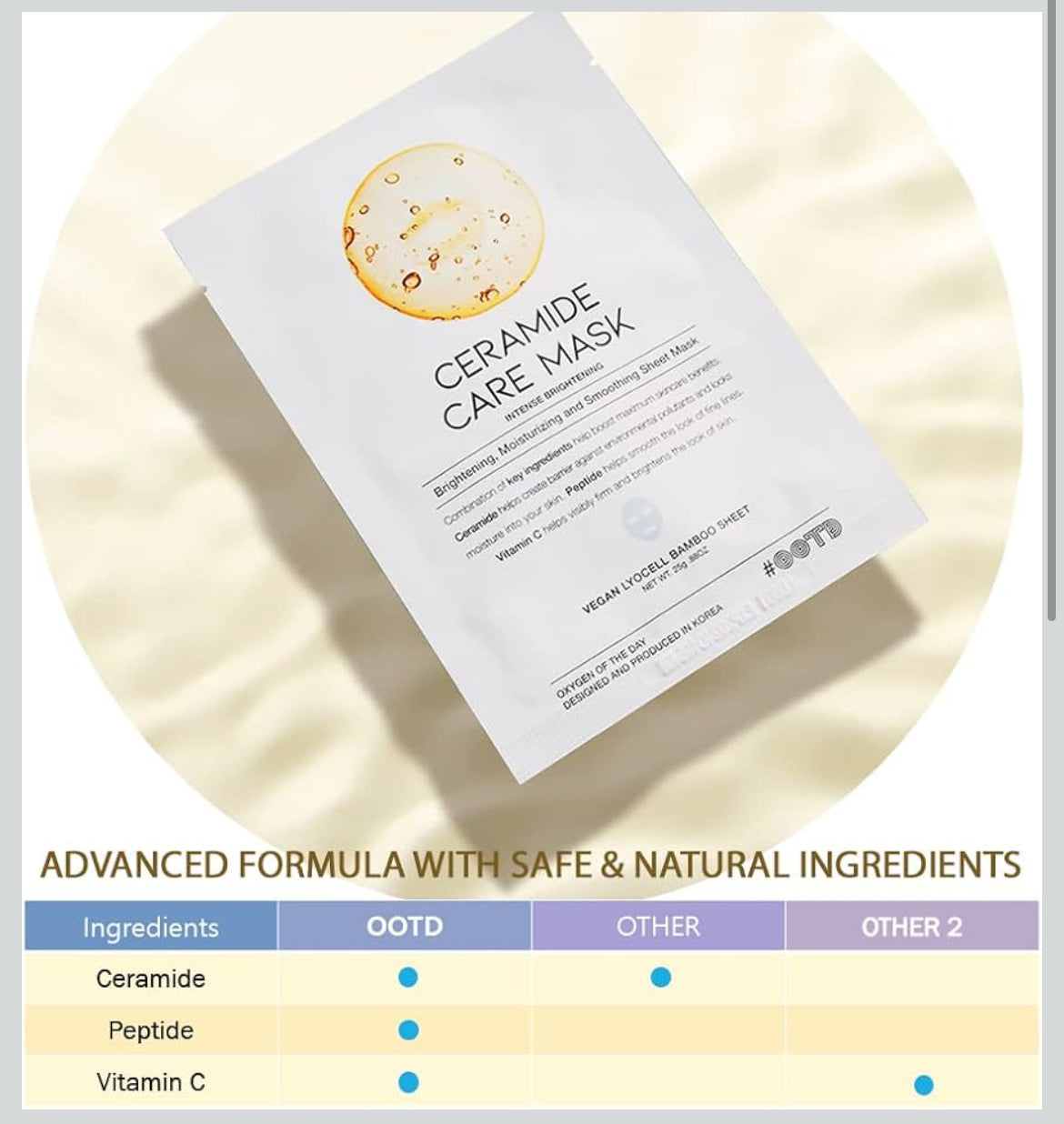 #OOTD Ceramide Brightening Sheet Mask For Face, Moisturizing, Anti Aging Ceramide, Peptide, Vitamin C, EVE Vegan 10EA